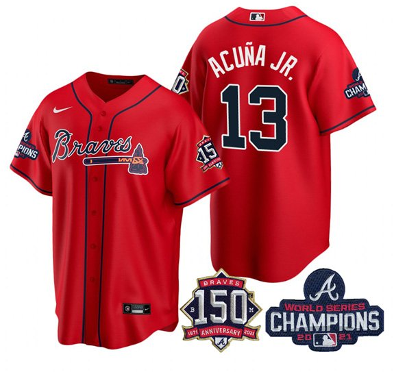 Women's Atlanta Braves #13 Ronald Acuña Jr 2021 Red World Series Champions With 150th Anniversary Patch Cool Base Stitched Jersey(Run Small)